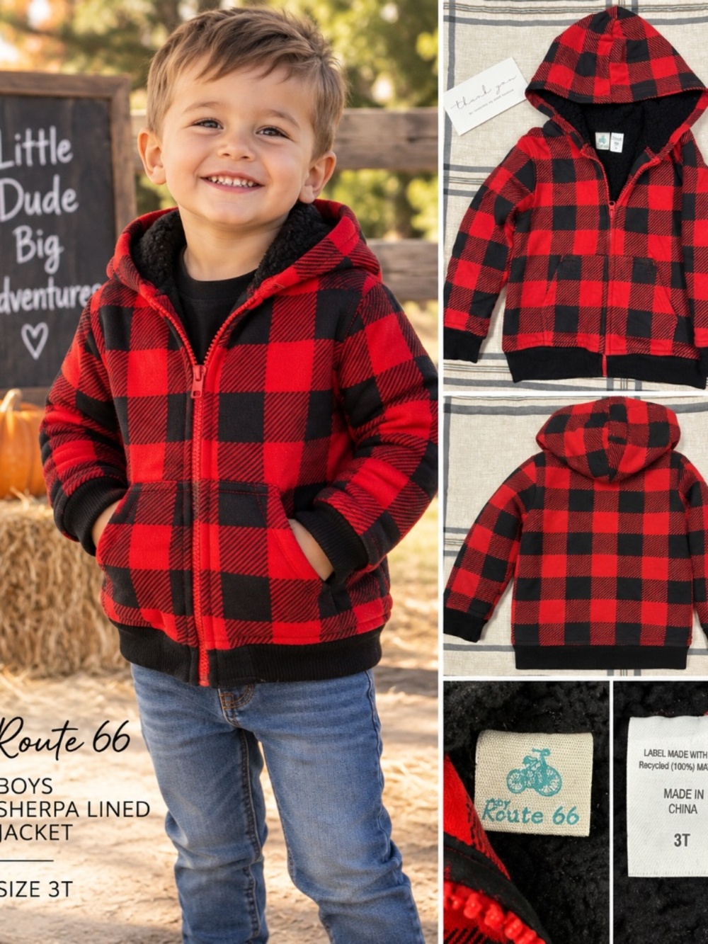 Route 66 Boys 3T Buffalo Plaid Sherpa Lined Hooded Jacket Red Black